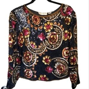 Scala Vintage Blouse Silk & Sequins Sz Small S Made in India